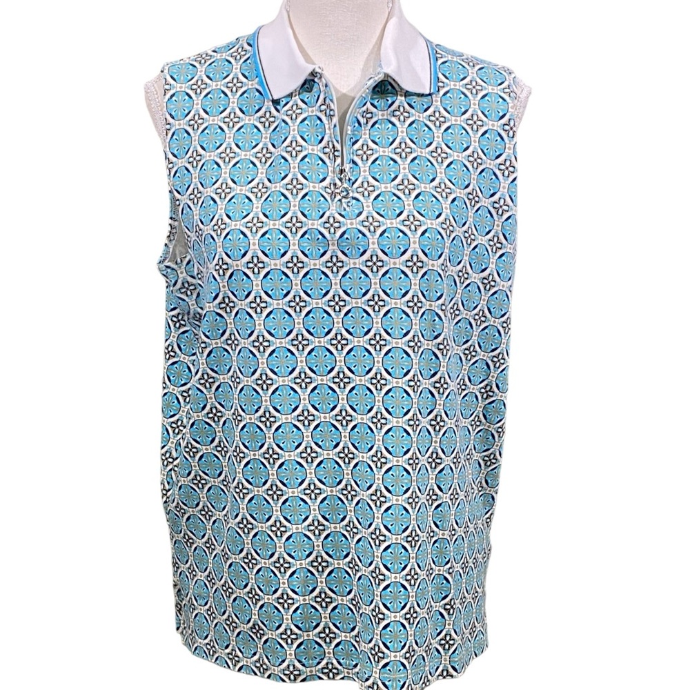 Allyson Whitmore Petites Golf Shirt Blue White Medallion Print Sleeveless 1/4Zip